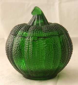 Thick Green Depression Glass Lobed Pumpkin Covered Candy Dish W Raised Dots