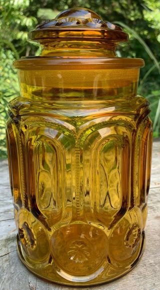 Vintage L.  E.  Smith Moon & Stars Canister Apothecary Jar Gold Yellow Glass Medium