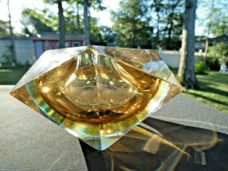 Vintage Mid Century Murano Art Glass Faceted Somerso Bowl Clear Amber Yellow