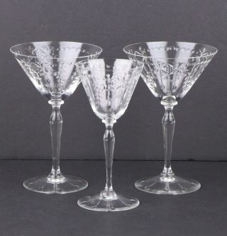 3 Vintage Crystal Martini / Champagne / Wine Glasses Dots Floral Cut Stem & Foot