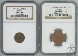 Set Of 2: 1909 & 1912 French Belgium 1 Cent & 2 Cent Ngc Ms64 Bn/rb High Grades