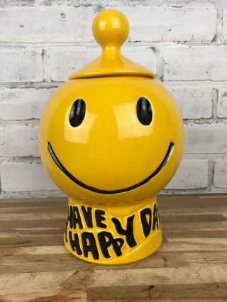 Vintage Mccoy Ceramic Yellow Smiley Face Have A Happy Day Cookie Jar 11” Usa