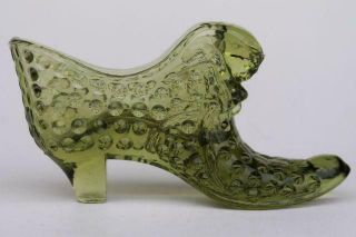 Vintage Fenton Glass Avocado Green Hobnail Slipper Shoe W/ Cat