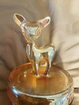 Vintage Jeannette Carnival Glass Deer Fawn Powder Trinket Jar Covered Candy Dish