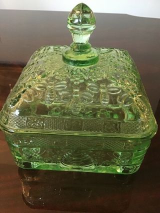 Tiara Indiana Glass Honey Bee & Hive Green Square Candy Dish With Lid