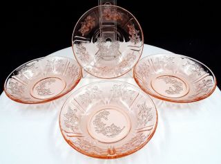 Federal Glass 4 Pc Etched Sharon Pink 5 1/8 " Small Fruit Dessert Bowls 1935 - 39