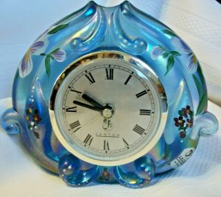 Blue Satin Handpainted Floral Fenton Clock 1998 D Barbour Lynn Fenton