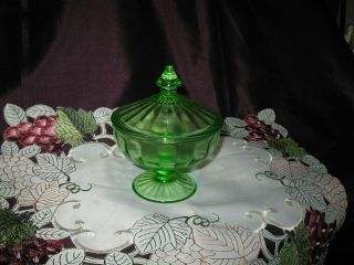Vintage Green Vaseline Lidded Candy Dish on Pedestal 3