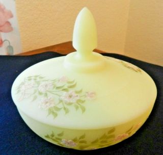 Vtg Fenton Satin Custard Glass Candy Dish Bowl Lid Hand Painted By S.  Wood 5 " Dia