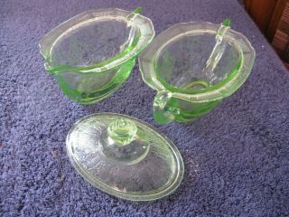 Depression Glass Green Princess Creamer Sugar & Lid Set / Hocking Glass Co