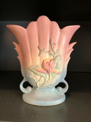 Vintage Hull Usa 1 Art Pottery Vase Double Handled 9” Magnolia Pink Blue