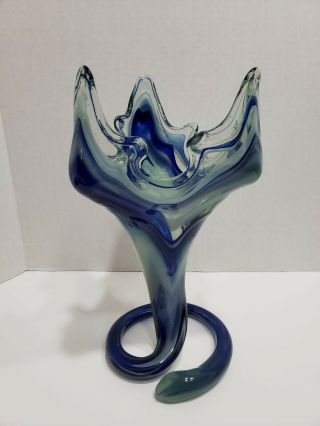 Murano Cobalt Blue Vintage Art Glass Large Trumpet Rose Vase Italy Hand Blown