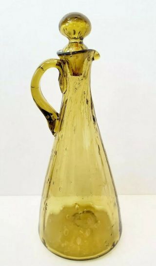 Vintage Hand Blown Amber Bubble Glass Decanter With Stopper Oil Vinegar Pitcher