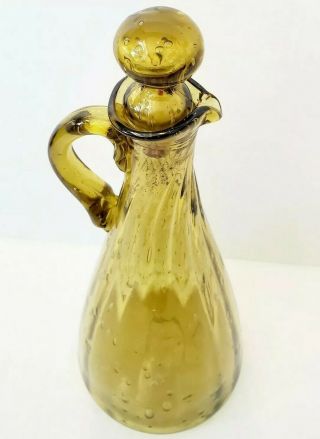 Vintage Hand Blown Amber Bubble Glass Decanter With Stopper Oil Vinegar Pitcher 2