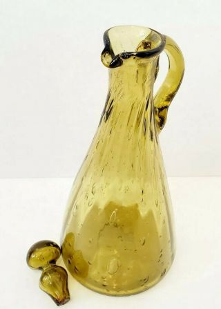 Vintage Hand Blown Amber Bubble Glass Decanter With Stopper Oil Vinegar Pitcher 3