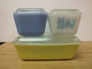 Vtg 6 Pc Pyrex Refrigerator Dish Set Delphite Blue / Yellow / Amish Butterprint