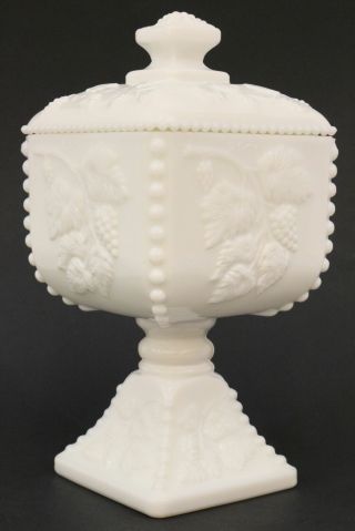 Vintage White Milk Glass Grape Embossed Pattern Lidded Footed Candy Nut Dish