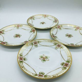 Set Of 4 Nippon Morimura Hand Painted Pink Floral & Gold Moriage Bread Plates