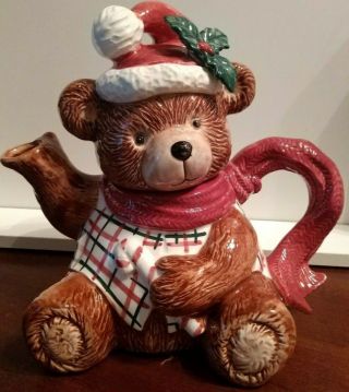Fitz & Floyd Plaid Teddy Bear Christmas Teapot 1991