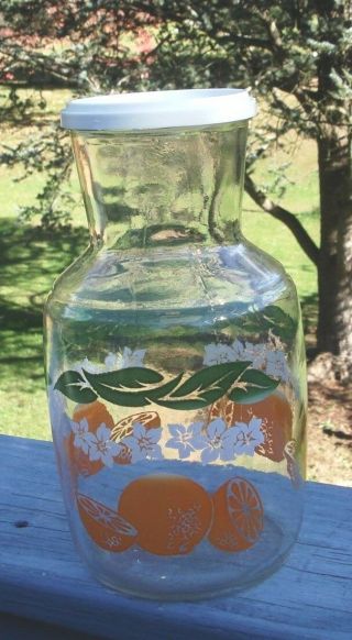 Vintage Anchor Hocking Glass Juice Jar Oranges Green Leaf Carafe Pitcher W/lid