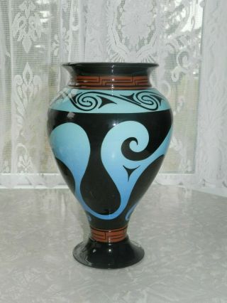 Vintage Art Deco Pottery Red Clay Vase Blue Black Virginia Artist Marti Mocahbee