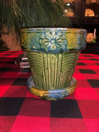 Vintage Art Pottery Flower Pot W Saucer Arts Crafts Era Weller? Roseville? McCoy 2