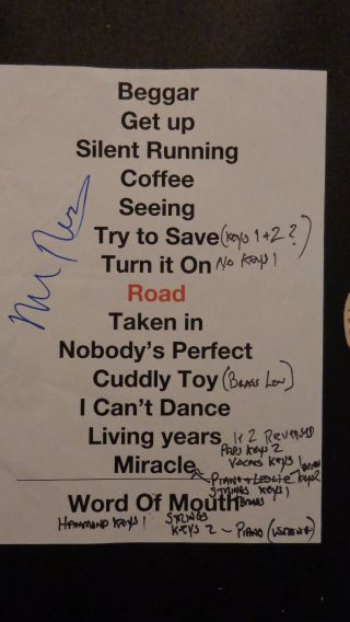 AUTOGRAPHED MIKE AND THE MECHANICS SET LIST AUTOGRAPHED BY MIKE RUTHERFORD,  PLUS 2