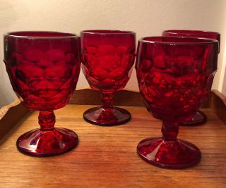 4 Vintage Viking Georgian Ruby Red Thumbprint Honeycomb Glass Water Wine Goblets