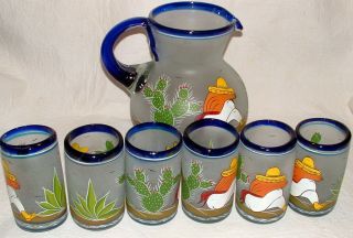 Vtg 7 Piece Hand Blown Hand Painted Frosted Margarita Glass Pitcher Tumblers Set