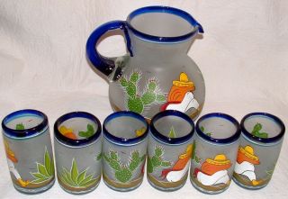 Vtg 7 Piece Hand Blown Hand Painted Frosted Margarita Glass Pitcher Tumblers Set 2