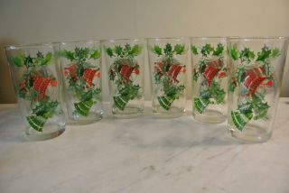 6 Vintage Drinking Glasses,  Red & Green Bells,  Holly & Berries,  Christmas