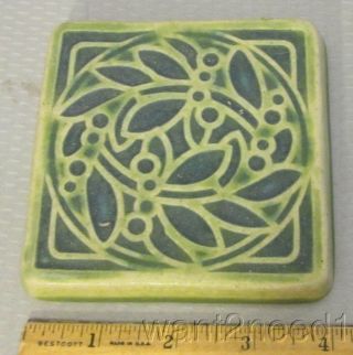 Detroit Art Pewabic Pottery Leafy Berry Tile 4 " Carved 2 - Color Blue Green Matte