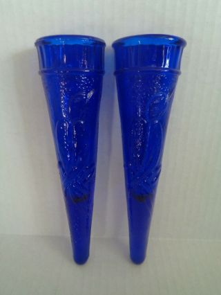 Dugan (2) Vintage Cobalt Blue Glass Wall Pockets / Vases Woodpecker
