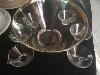 Dorothy Thorpe Silver Band Glass Mid - Century Retro Punch Bowl W/ 6 Cups W/handl