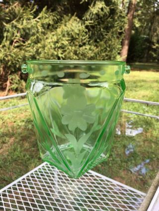 Paden City? Green Elegant Depression Glass Ice Bucket Etched 6 Sided Art Deco
