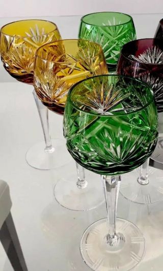 4 Vintage Bohemian Cut Crystal Glasses 7 1/2 " Yellow & Green For Display