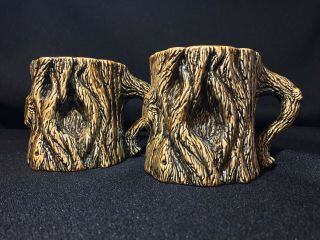 Vintage Tree Trunk Pottery Mugs Hand Crafted Deep Woods Earthy Signed 1982