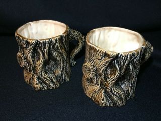 Vintage Tree Trunk Pottery Mugs Hand Crafted Deep Woods Earthy Signed 1982 3