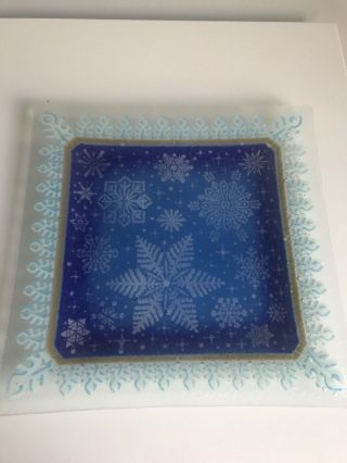 Retired Peggy Karr Fused Glass 10” Square Snowflake Plate Etched Signed Dated