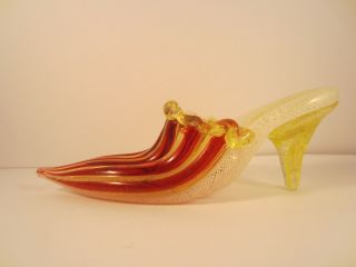 Exquisite Hand Crafted Red Yellow Latticino Slipper Shoe Murano Art Glass