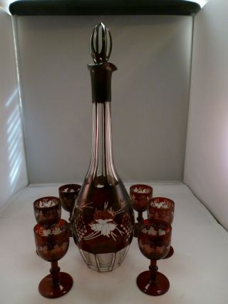 Vintage Bohemian/czech Red Cut To Clear Wine Decanter & 6 Glasses