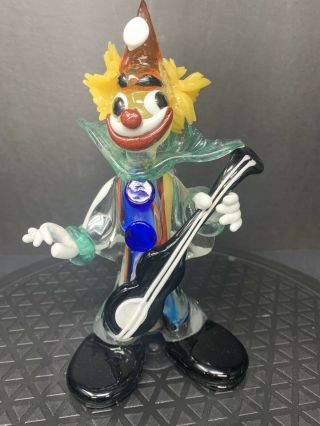 Murano Italian Art Glass Clown With Black Guitar Or Bass Guitar 7.  5 " Tall