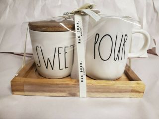 Rae Dunn By Magenta " Sweet " Cellar With Wooden Lid Pour Creamer Pitcher Tray Set