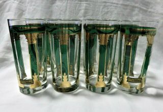 Nos Vintage Set Of 8 Culver 22k Gold & Green Greek Column Drinking Glasses