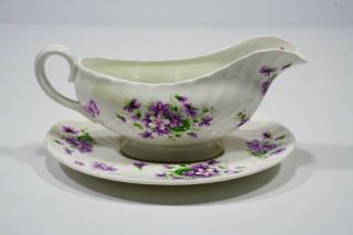 Aynsley English Bone China ‘wild Violets’ Flower Butterfly Gravy Boat W/ Plate
