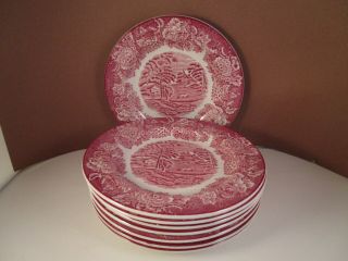 Vintage Wood & Sons Enoch English Scenery Red Transfer Set Of 8 Bread Plates