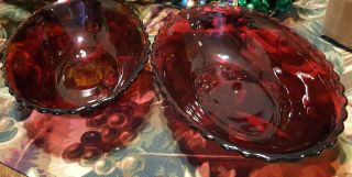 2 Vintage Anchor Hocking Royal Ruby Red Glass 8 5/8 " Crimped Oval Serving Bowls