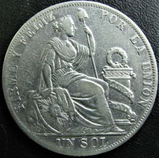 1889 Peru Un Sol,  Silver.  900,  25 Grams,  Crown Sized Coin,  Combined