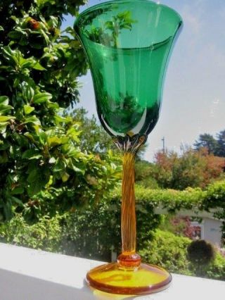 Large Vintage Rick Strini Art Glass Goblet: Emerald Top,  Lemon Stem,  9.  75 "