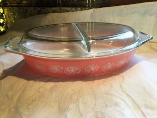 Vintage Pyrex Pink Daisy Divided Casserole Dish W/glass Lid 1 1/2 Qt Cond